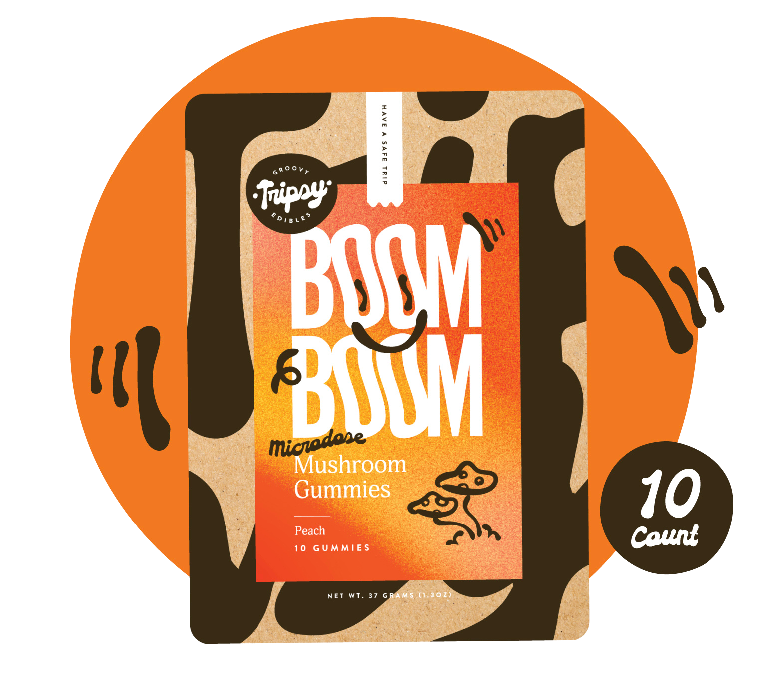 BOOM BOOM mushroom gummies pouch (Tripsy Edibles) in peach flavor labeled “microdose,” on an orange background with decorative accents and a “10 count” badge.