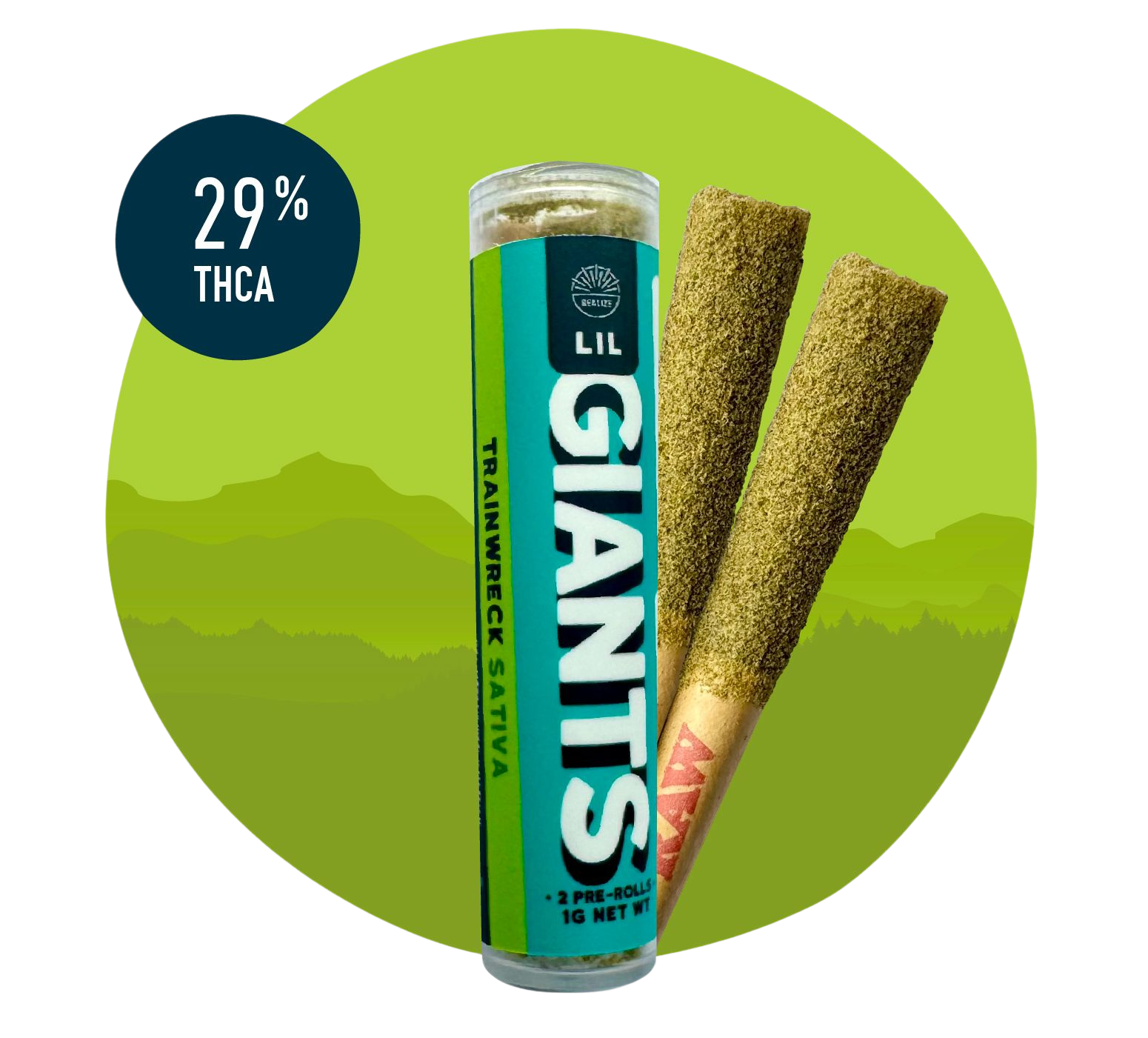 Realize Lil Giants Trainwreck sativa 29% THCA pre-rolls with tube packaging and two infused hemp joints