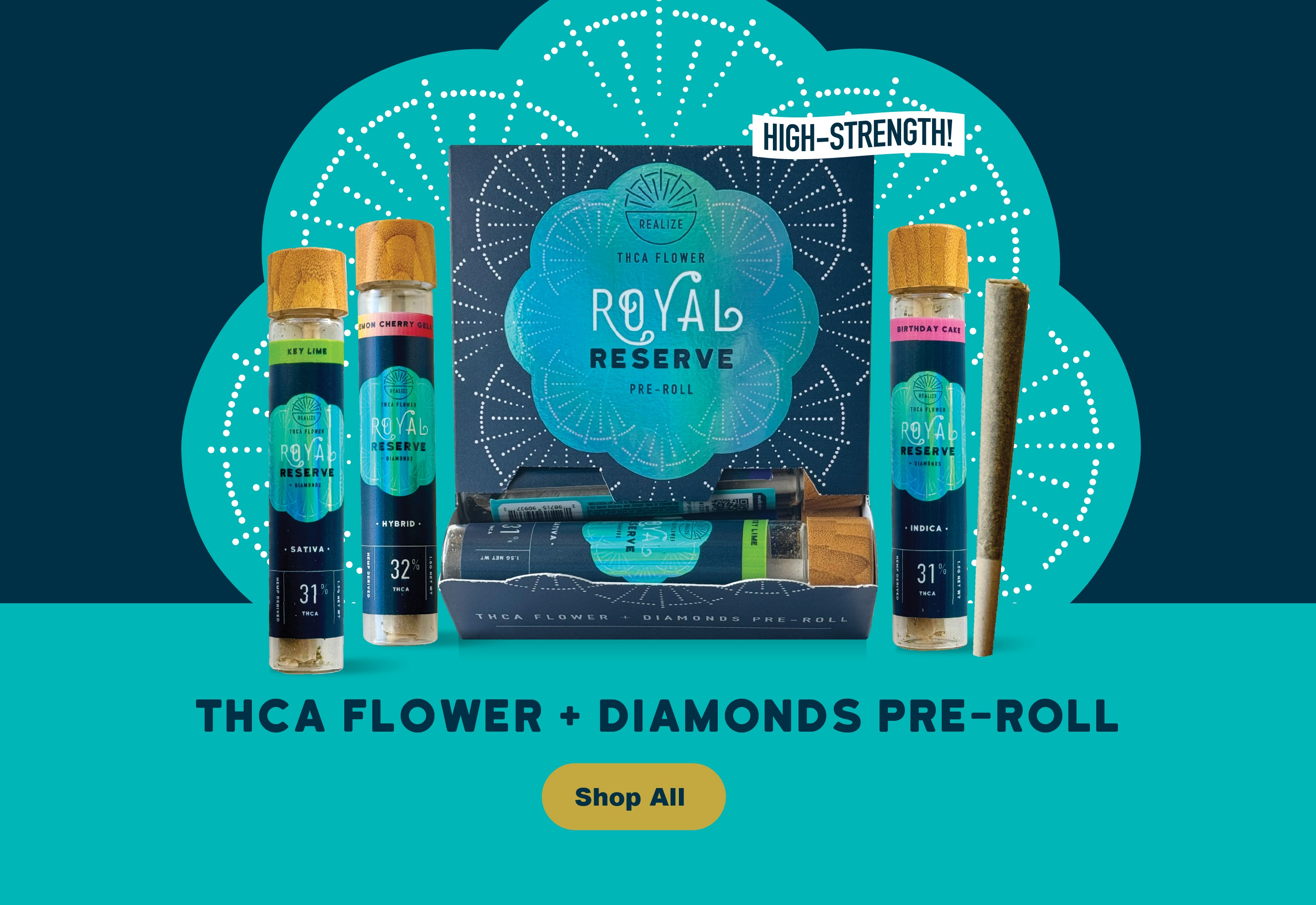 Realize Royal Reserve THCA Flower Diamonds pre-roll display featuring multiple strain tubes, pre-roll joints, and packaging with ‘high-strength’ label and ‘THCA flower + diamonds pre-roll’ text on teal background