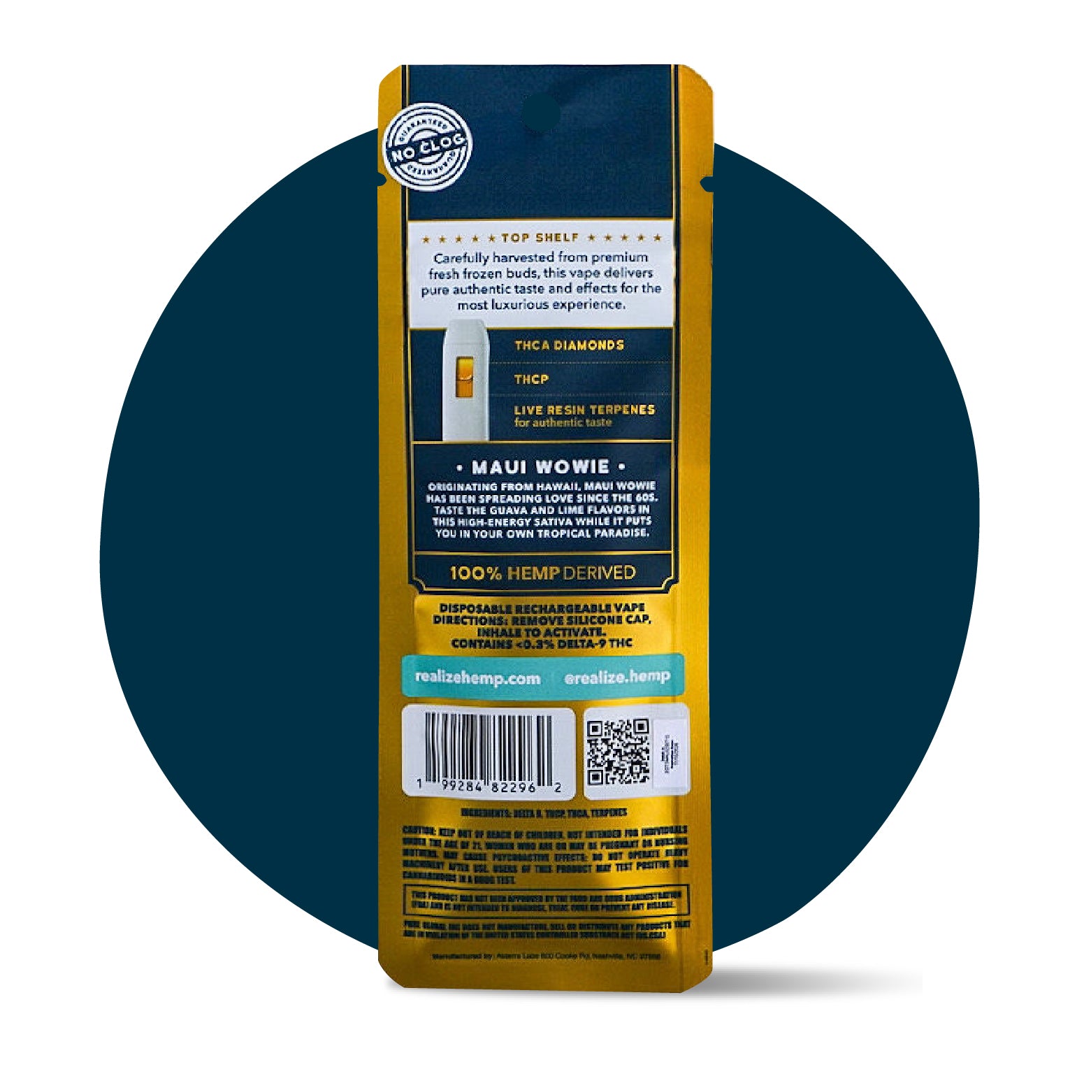 Back of Realize Maui Wowie live resin disposable vape 2 gram THC blend packaging with product information and ingredients