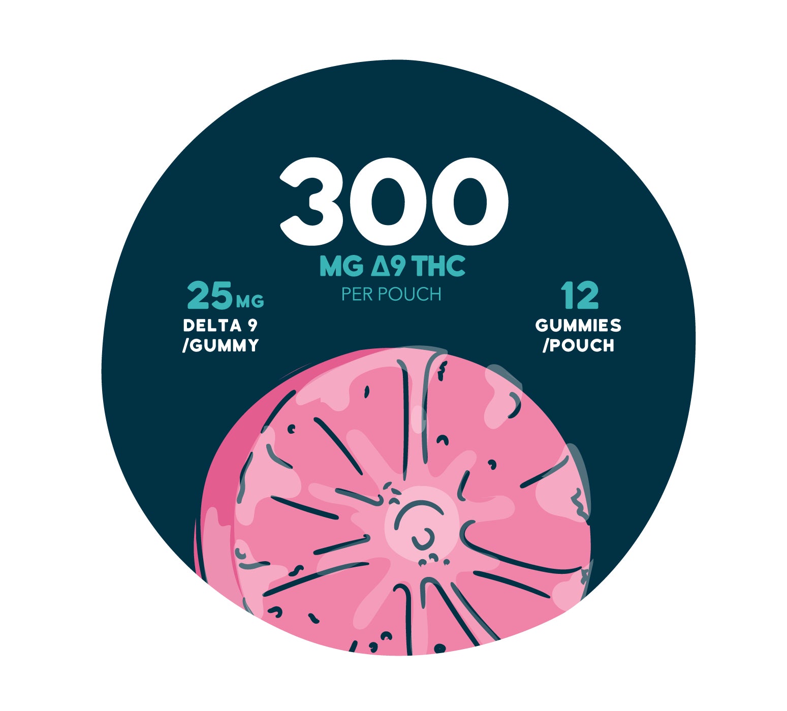 Graphic showing a close-up pink, fruit slice-style gummy on a dark teal background with text reading “300 MG Δ9 THC per pouch,” “25 MG Delta 9 / gummy,” and “12 gummies / pouch.”