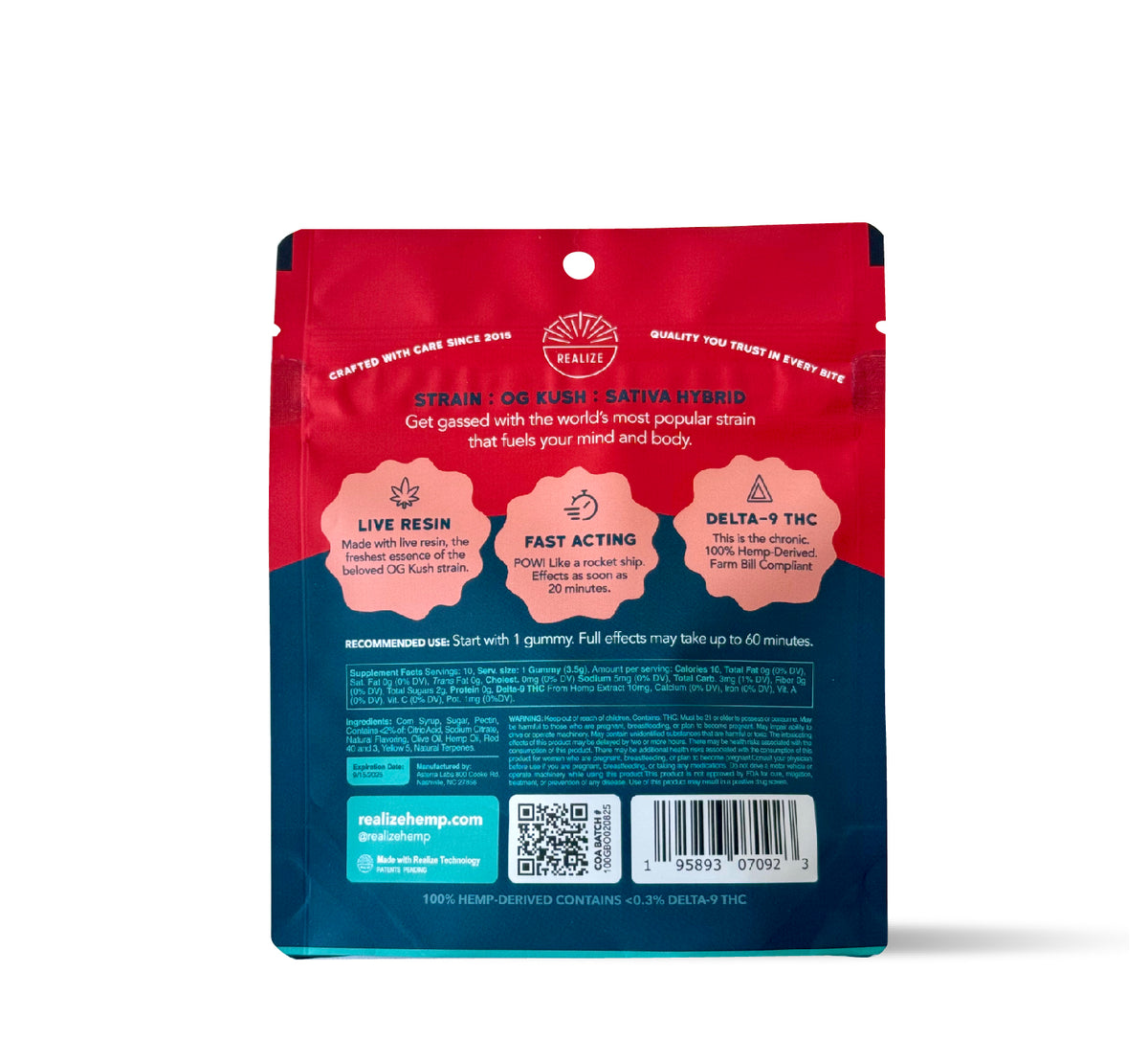 Back of Realize Blood Orange OG Kush live resin gummies packaging showing strain details, usage instructions, ingredients, nutrition facts, QR code, and barcode on red and blue pouch
