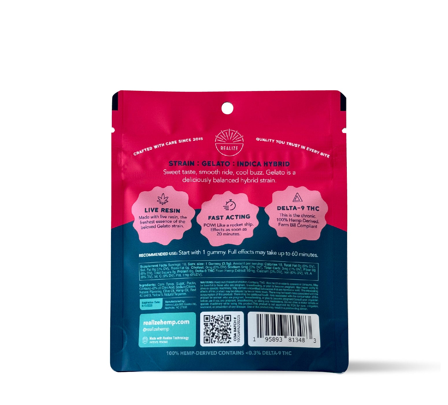 Back of Realize Watermelon Gelato live resin gummies packaging showing strain details, usage instructions, ingredients, nutrition facts, QR code, and barcode on red and blue pouch