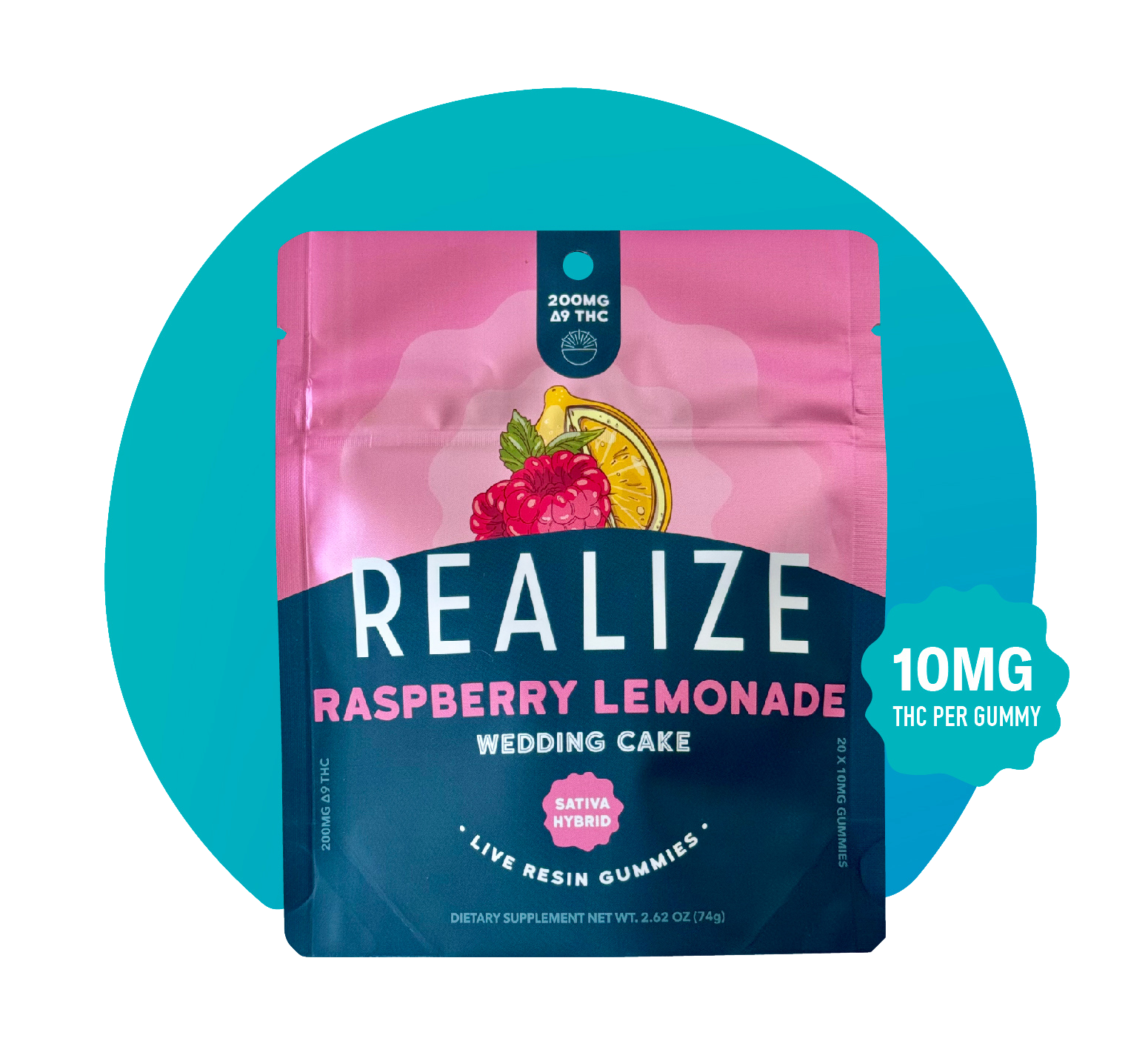Realize Raspberry Lemonade live resin gummies packaging front, Wedding Cake sativa hybrid flavor, 200mg Delta-9 THC total with 10mg per gummy in pink and teal pouch