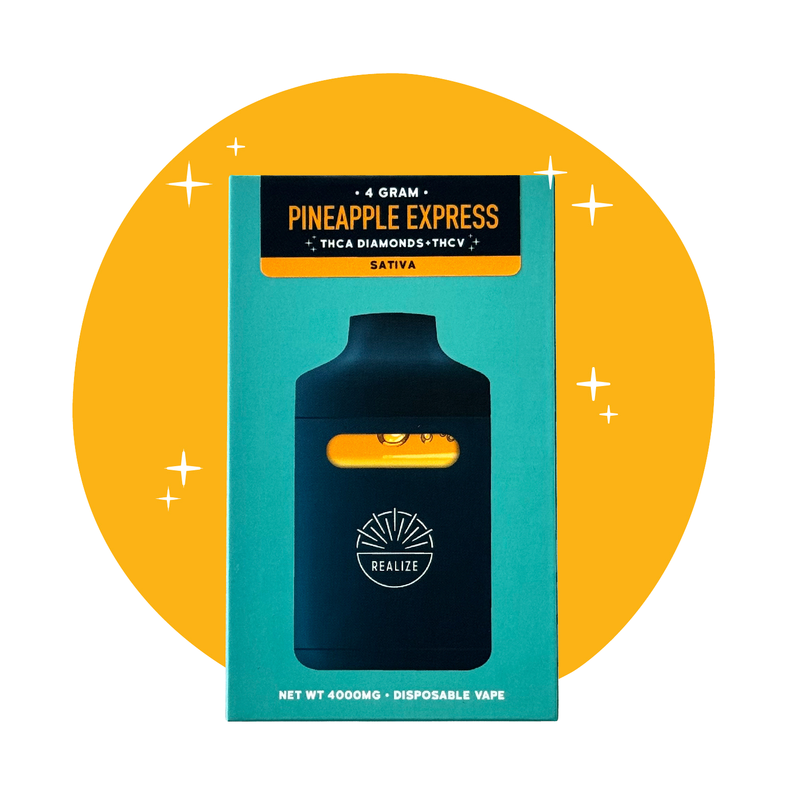 Realize Pineapple Express disposable vape packaging front, sativa strain with THCA diamonds and THCV, 4 gram disposable vape with device illustration