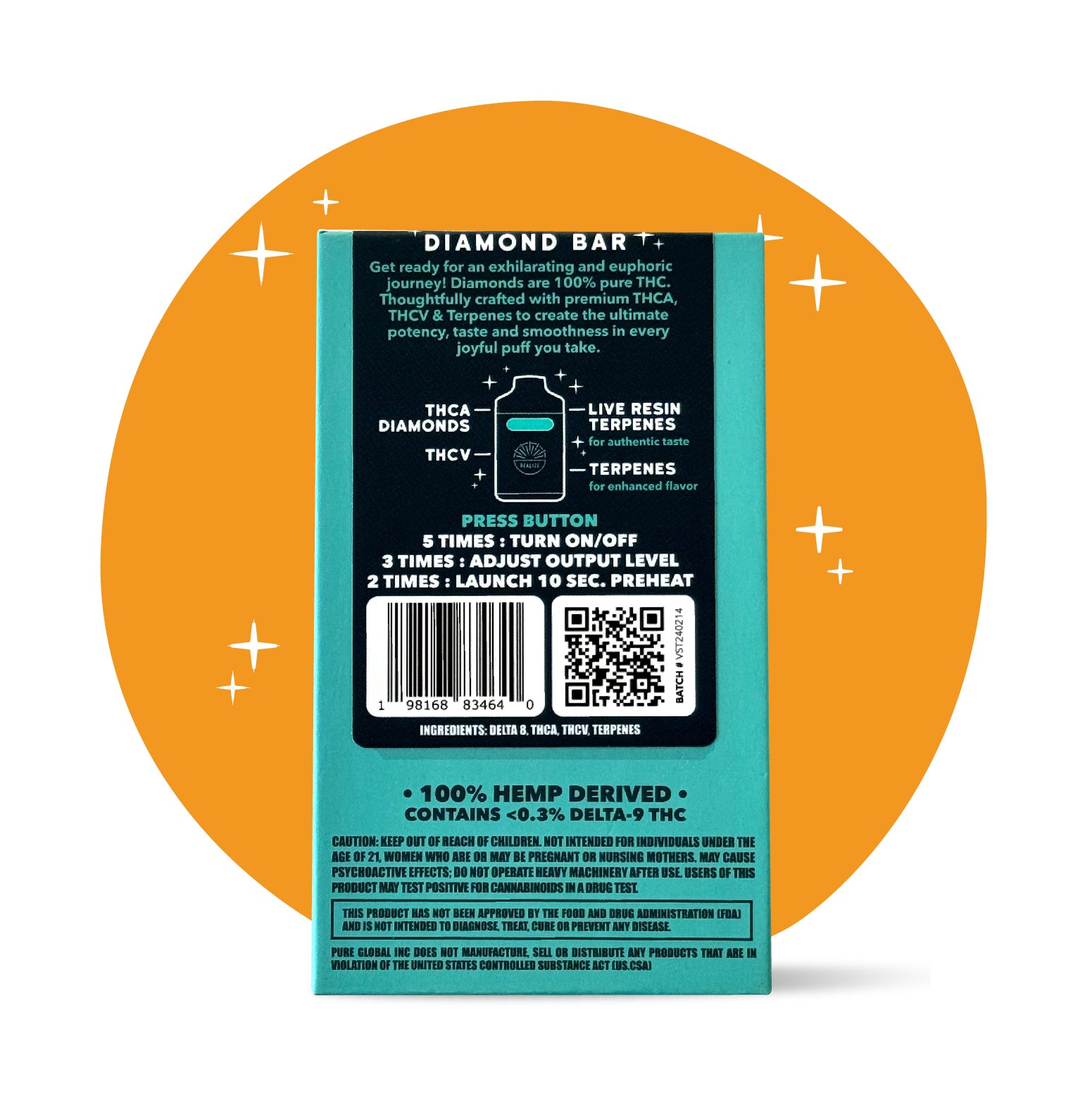 Realize Sour Tangie Diamond Bar disposable vape packaging back panel listing THCA diamonds, THCV, live resin terpenes, usage instructions, barcode, and hemp-derived warning