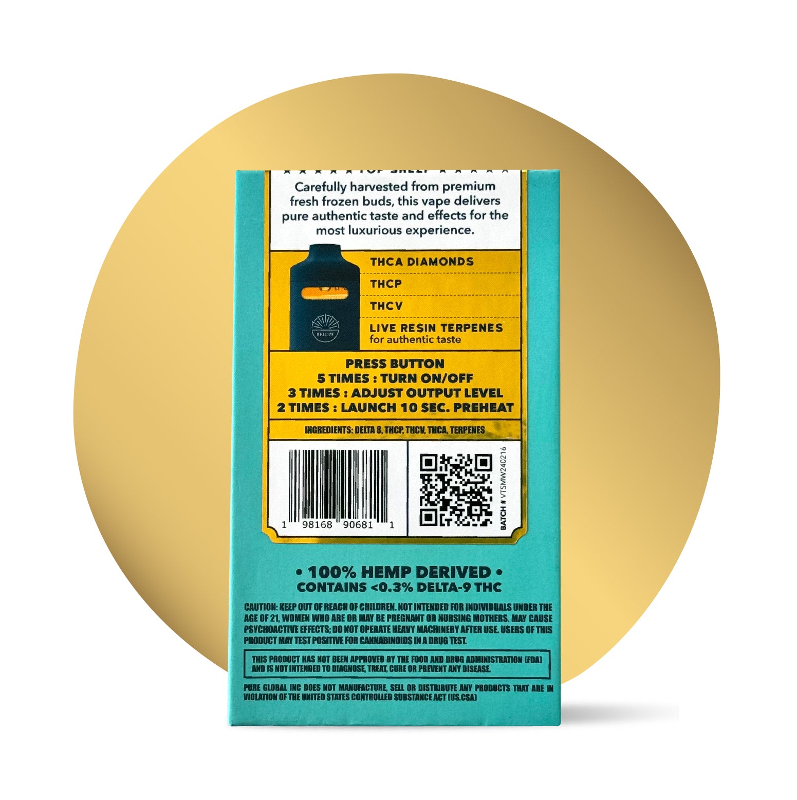 Realize Maui Wowie disposable vape packaging back panel listing THCA diamonds, THCP, THCV, live resin terpenes, usage instructions, barcode, and hemp-derived warning