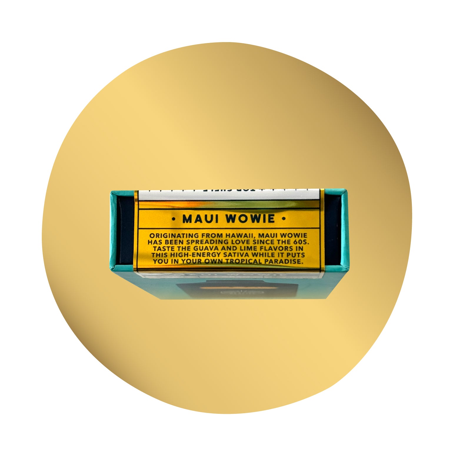 Realize Maui Wowie disposable vape packaging side panel describing Hawaiian-origin sativa strain with guava and lime flavor notes