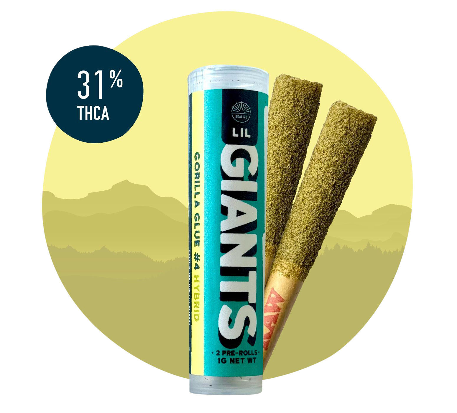 Realize Lil Giants Gorilla Glue #4 hybrid 31% THCA pre-rolls with tube packaging and two infused hemp joints