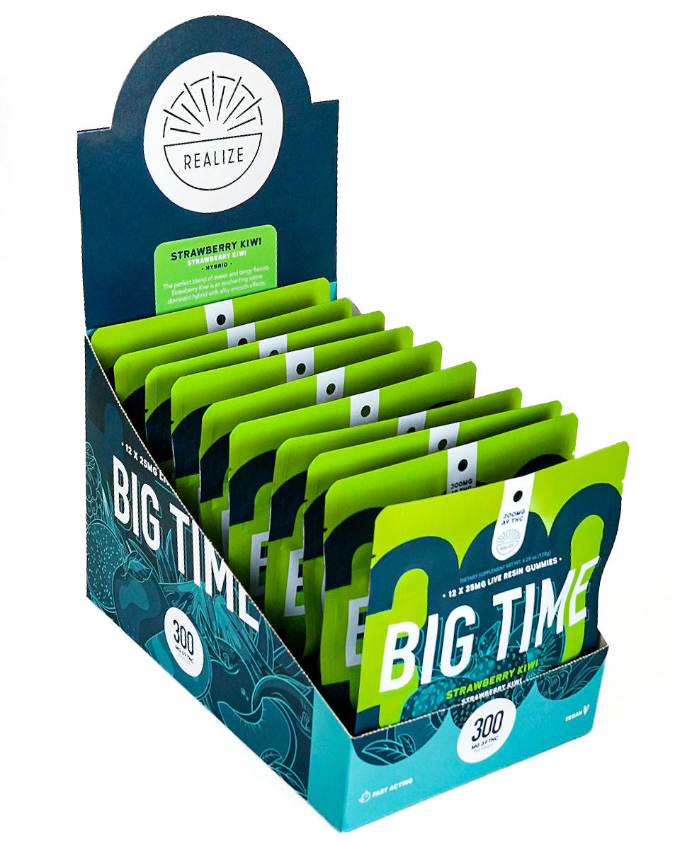 Realize BIG TIME strawberry kiwi hybrid live resin gummies 300mg Delta-9 THC wholesale display box with multiple pouches