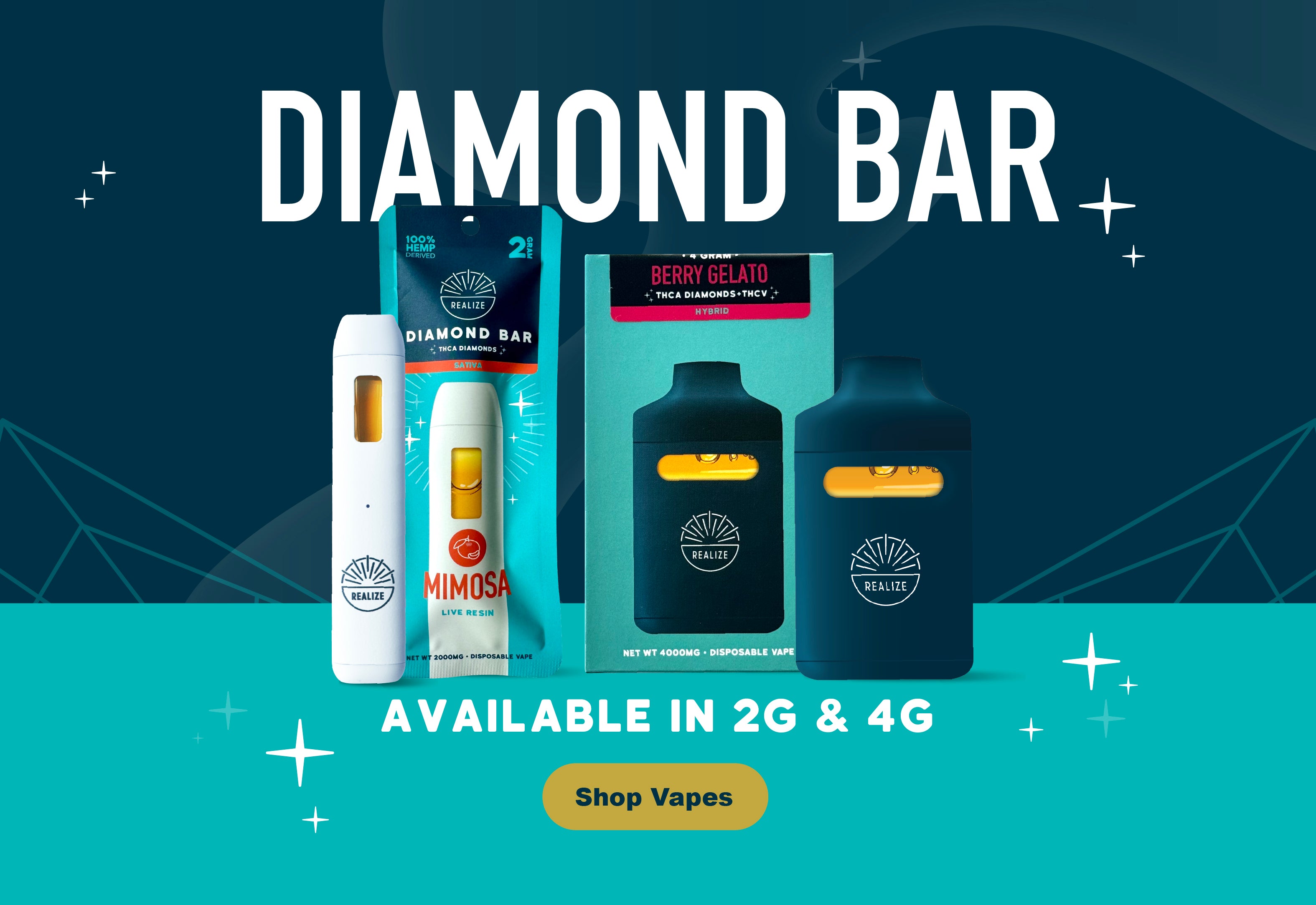 Realize Diamond Bar disposable vape lineup featuring Mimosa and Berry Gelato flavors, with vape devices and packaging shown, highlighting availability in 2g and 4g sizes