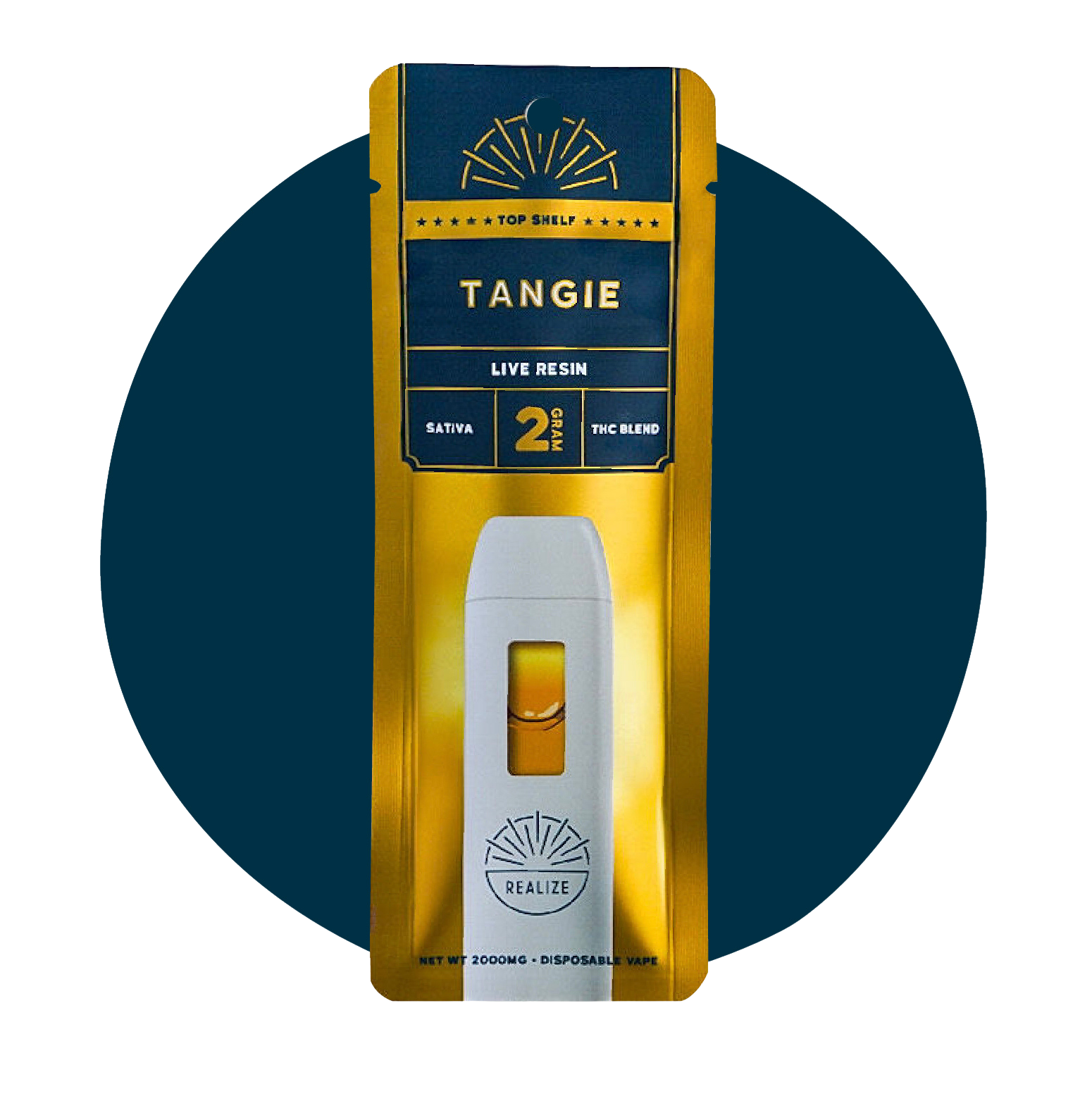 Realize Top Shelf Tangie live resin disposable vape 2 gram THC blend sativa top shelf product in gold retail packaging