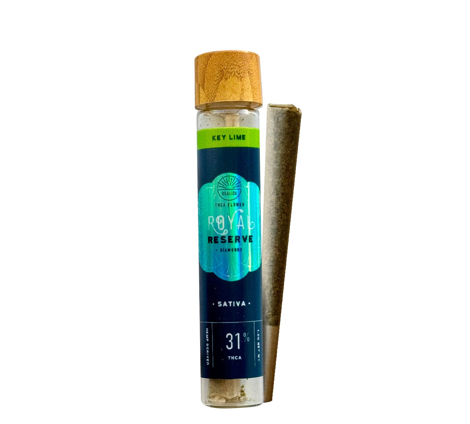 Realize Royal Reserve Key Lime sativa THCA flower pre-roll with 31% THCA in glass tube with wooden cap